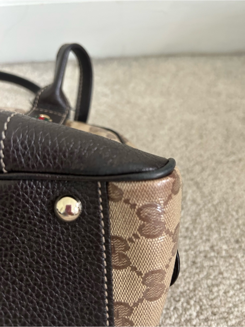 Gucci Beige-Brown GG Canvas Shoulder Bag with Dark Brown Trim - Picture 10 of 10